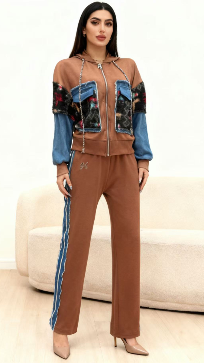 Denim Sleeve And Large Pocket Hoodie Coord Set FC1968