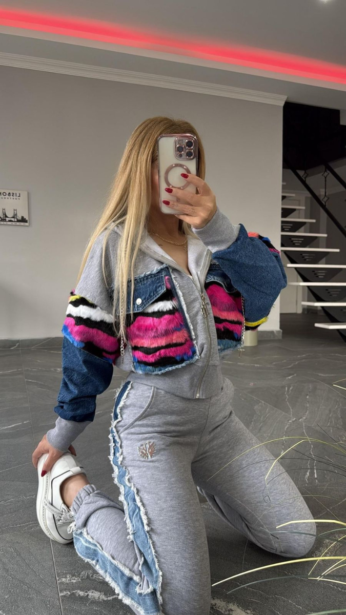 Denim Sleeve And Large Pocket Hoodie Coord Set FC1968