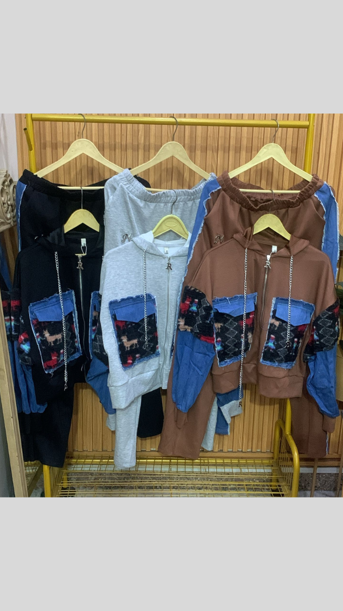 Denim Sleeve And Large Pocket Hoodie Coord Set FC1968