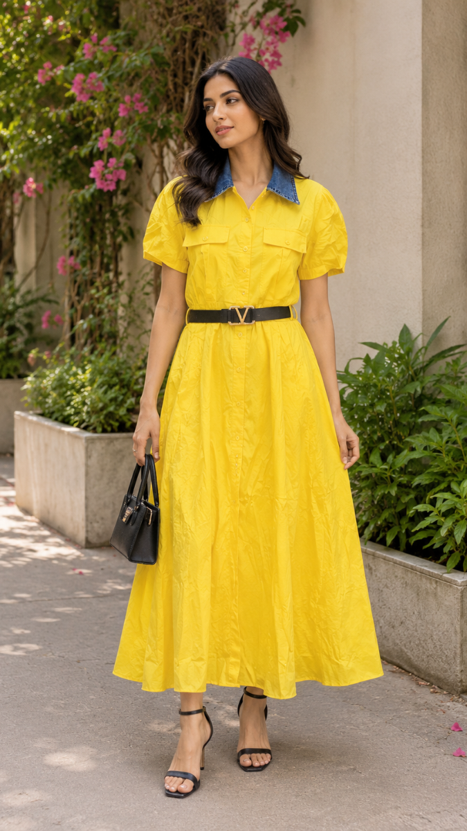 Denim Collar Belted A-Line Maxi Dress FC2489