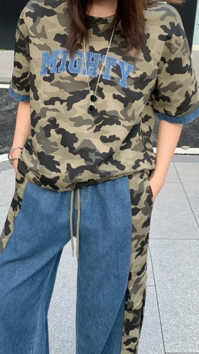 Denim Embedded T Shirt And Pant Coord Set FC2577