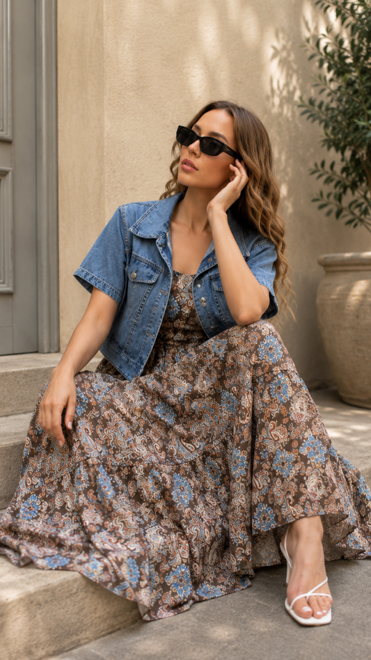 Denim Jacket With Printed Ruffle Dress FC2508