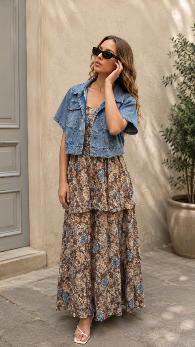 Denim Jacket With Printed Ruffle Dress FC2508