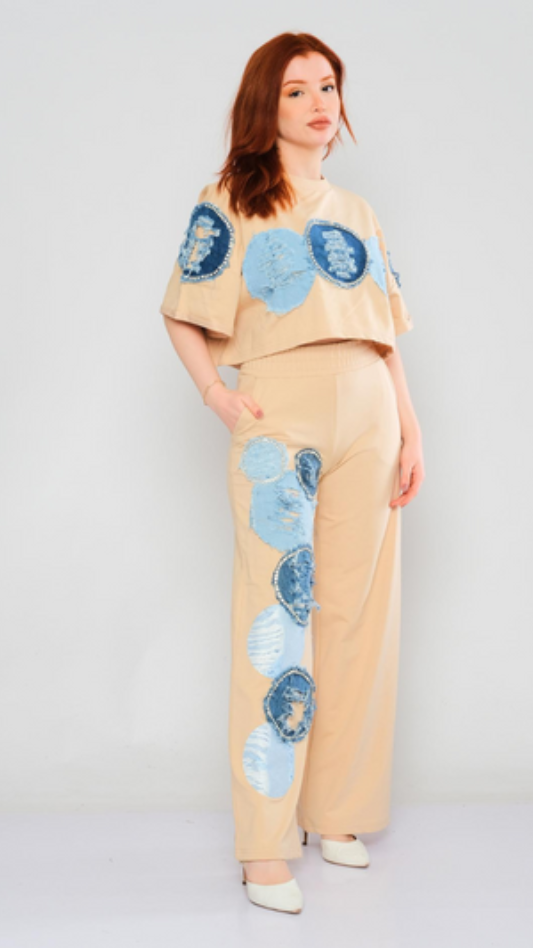 Denim Patchwork With Rhinestone Co- Ord Set FC1052