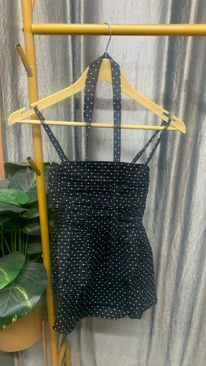 Doted Strap Sleeve Peplum Top FC2590