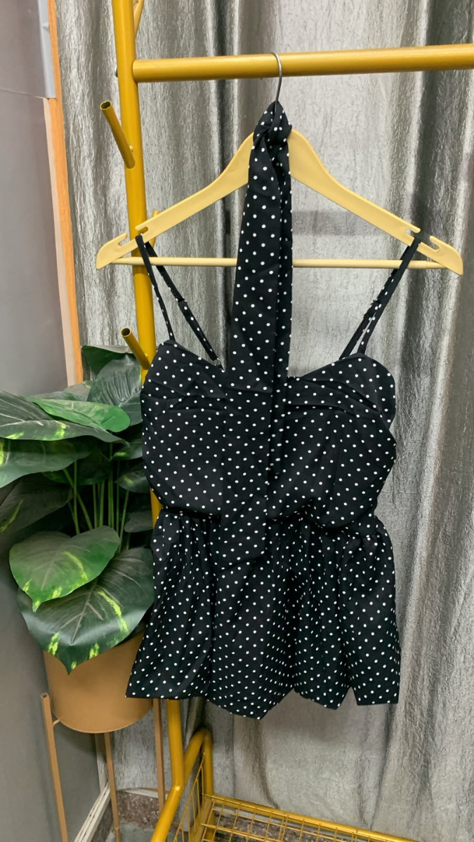 Dotted Strap Sleeve Elastic Waist Peplum Top FC2593