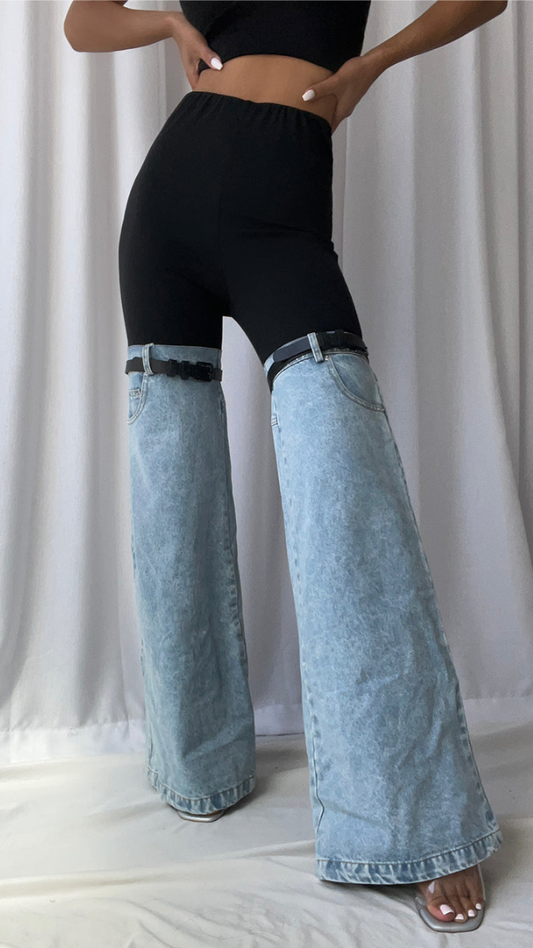 Elastic Waist And Half Denim With Belt Bottom FC2423