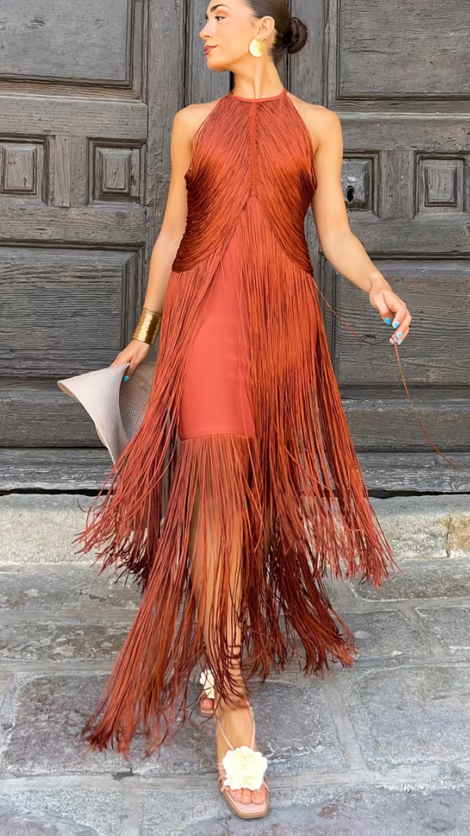 Elegant Halter Neck Tassel Dress FC2431
