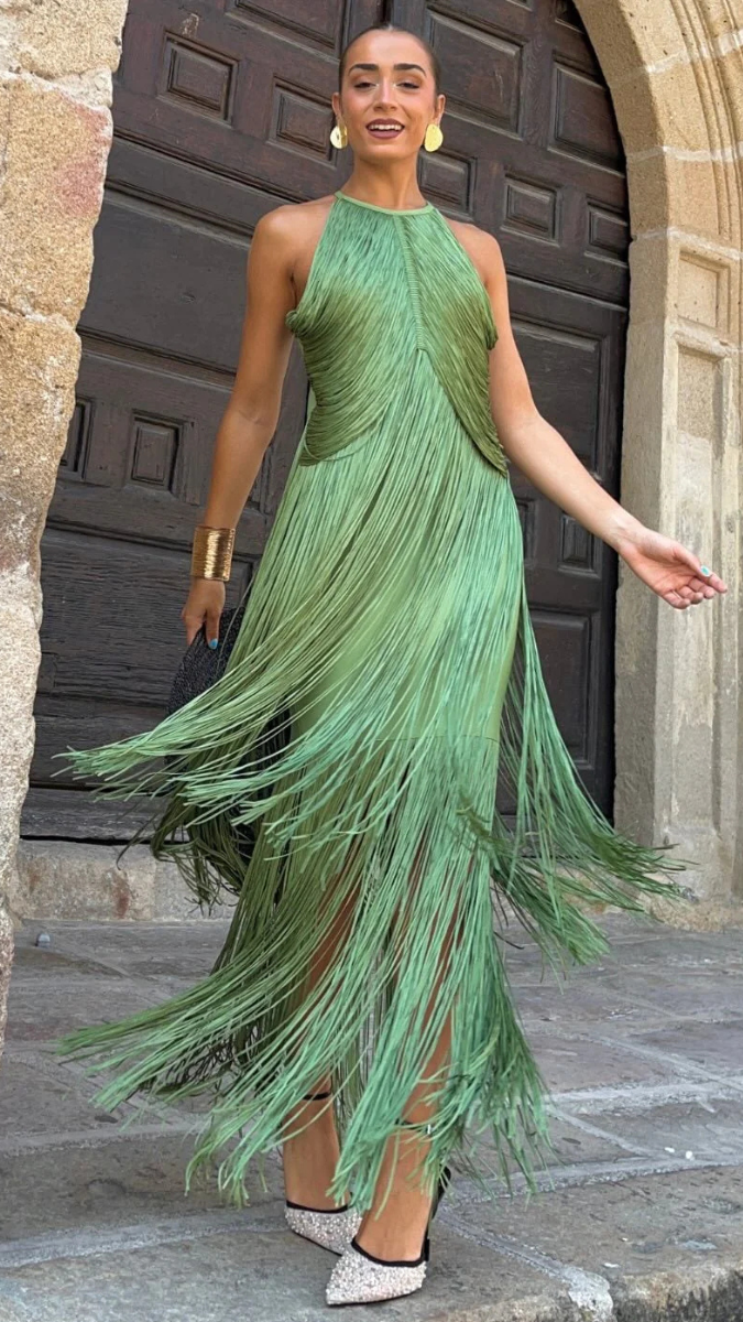 Elegant Halter Neck Tassel Dress FC2431