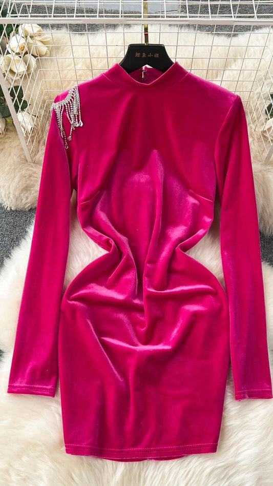 Elegant O-Neck Velvet Hip Mini Dress For Women  Pink