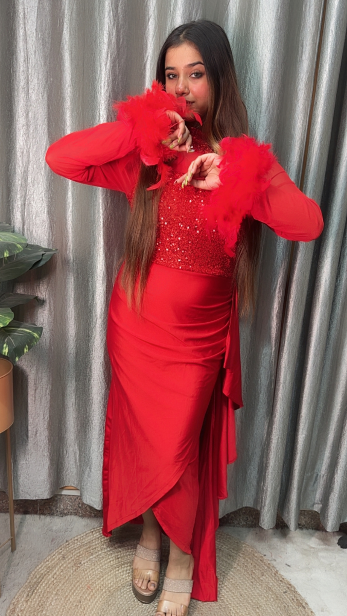 Elegant Sequin Front With Fur Embedded Sleeve Dress FC2131