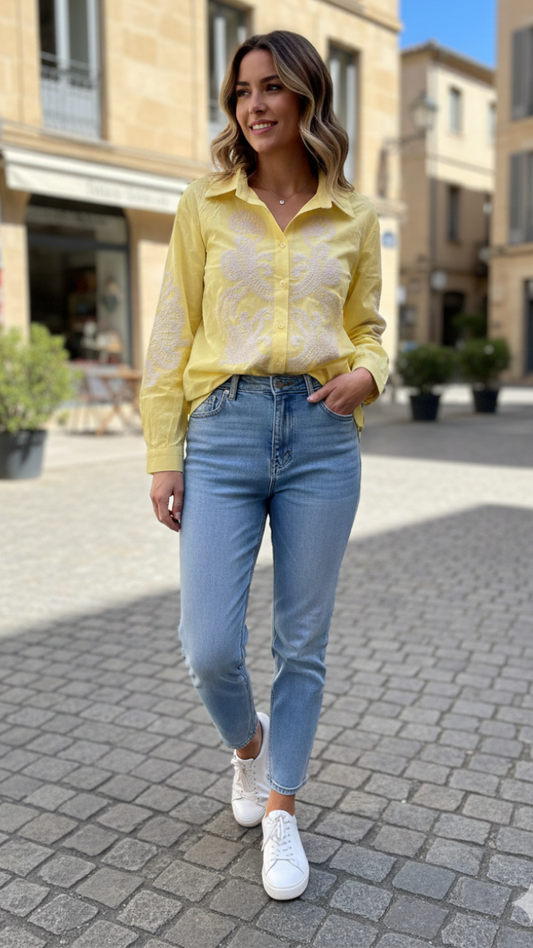 Embroidery Designed Front And Sleeve Shirt FC2196