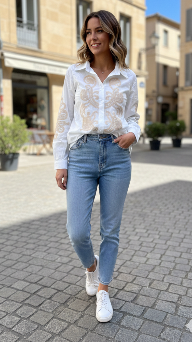 Embroidery Designed Front And Sleeve Shirt FC2196