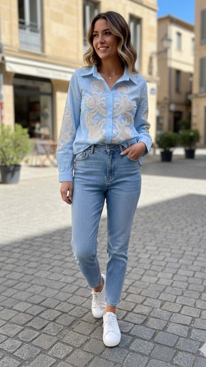 Embroidery Designed Front And Sleeve Shirt FC2196