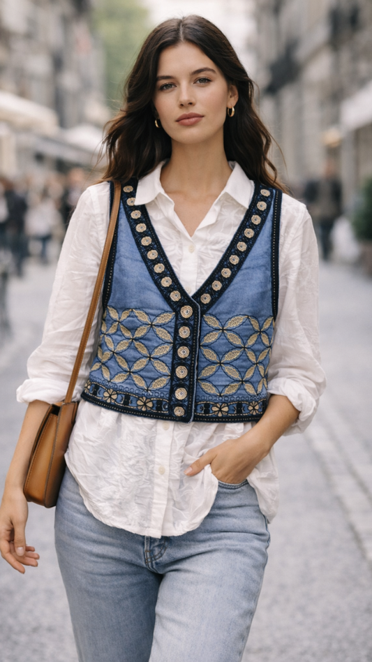 Embroidery Designed Sleeveless Jacket With Plain Shirt FC2289