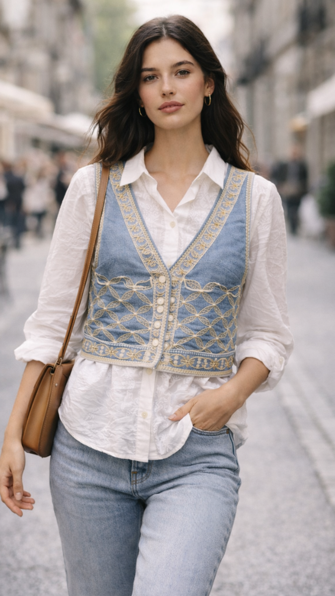 Embroidery Designed Sleeveless Jacket With Plain Shirt FC2289