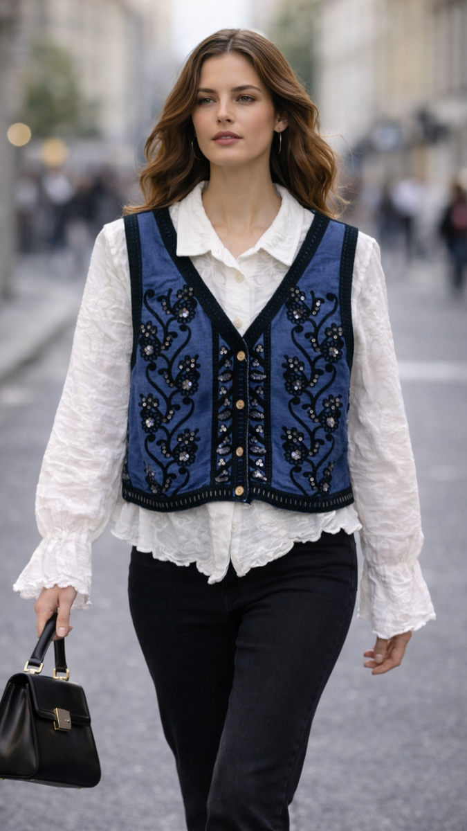 Embroidery Designed Sleeveless Jacket With Plain Shirt FC2289
