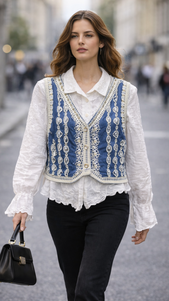 Embroidery Designed Sleeveless Jacket With Plain Shirt FC2289