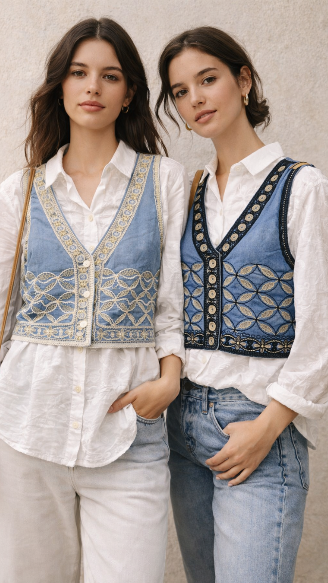 Embroidery Designed Sleeveless Jacket With Plain Shirt FC2289