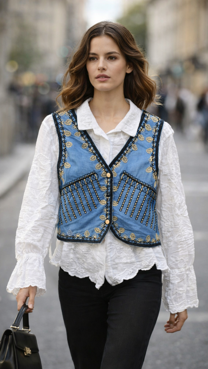 Embroidery Designed Sleeveless Jacket With Plain Shirt FC2289