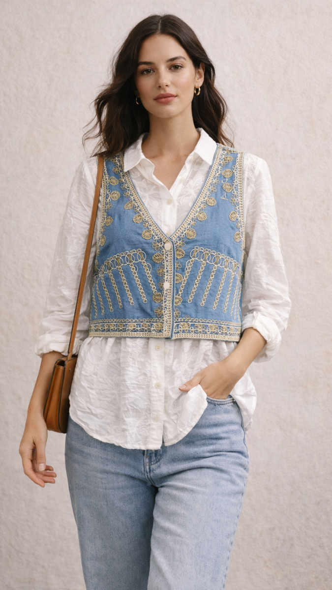 Embroidery Designed Sleeveless Jacket With Plain Shirt FC2289