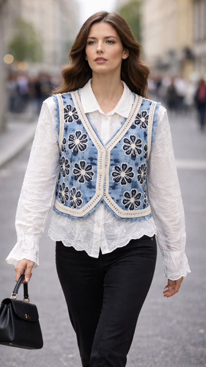Embroidery Designed Sleeveless Jacket With Plain Shirt FC2289