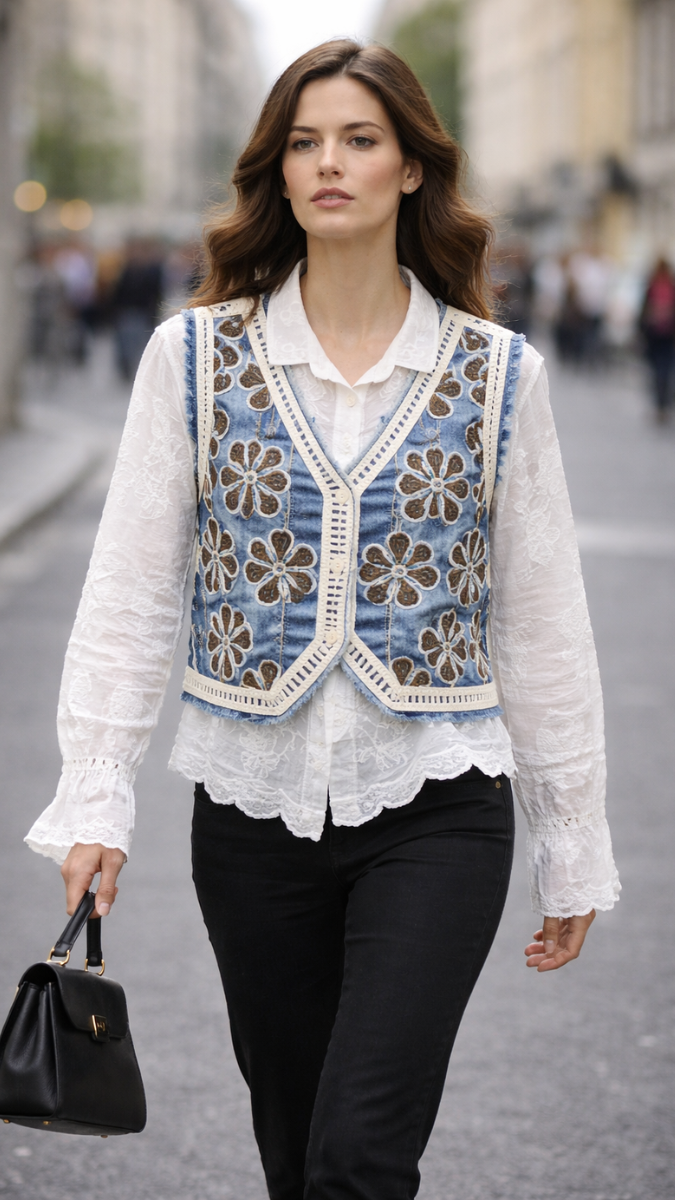 Embroidery Designed Sleeveless Jacket With Plain Shirt FC2289