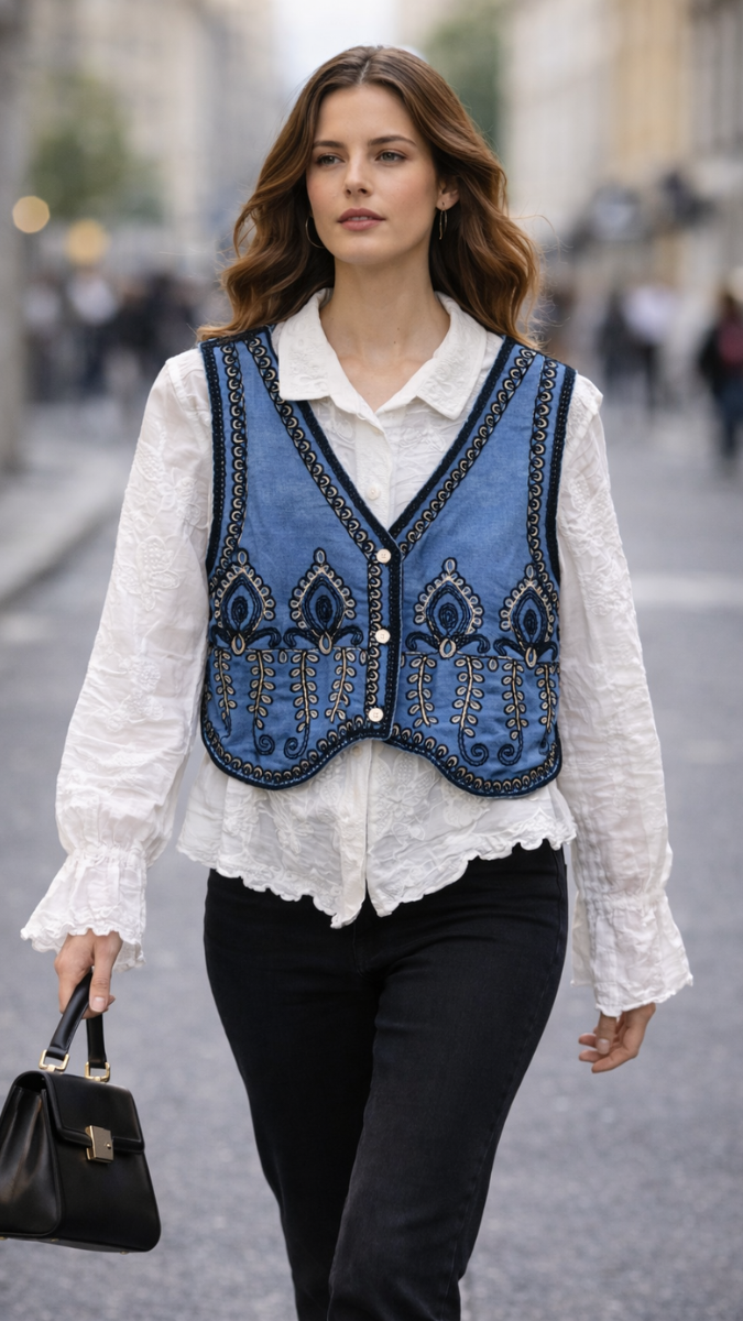 Embroidery Designed Sleeveless Jacket With Plain Shirt FC2289