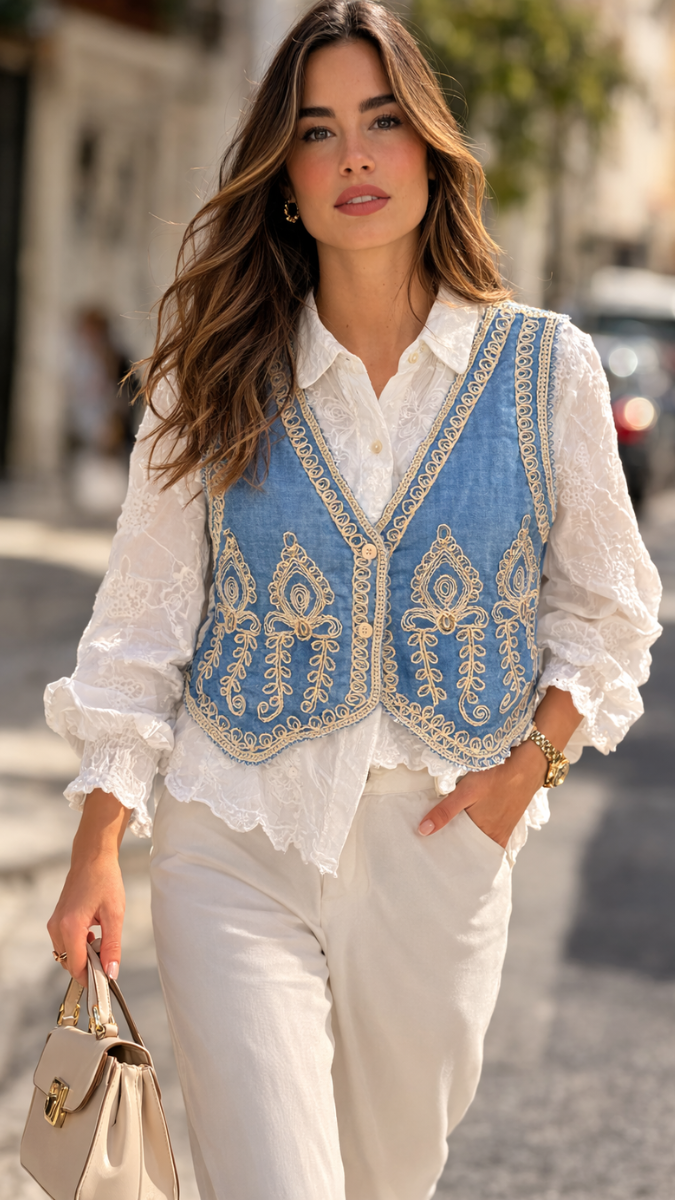 Embroidery Designed Sleeveless Jacket With Plain Shirt FC2289