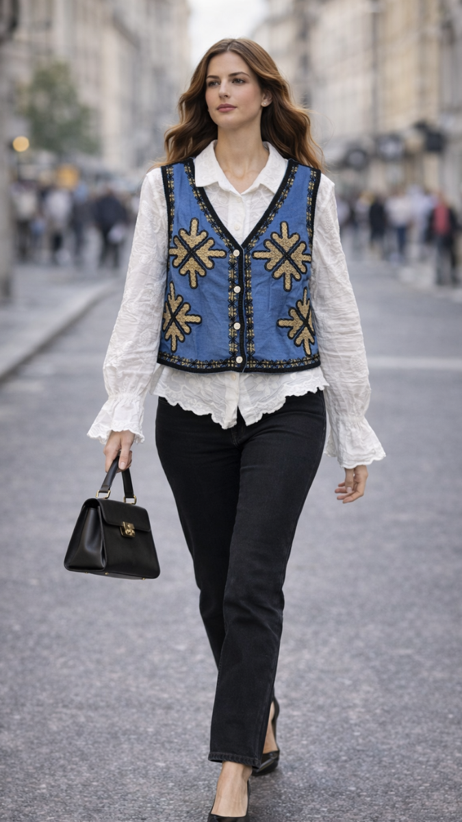 Embroidery Designed Sleeveless Jacket With Plain Shirt FC2289