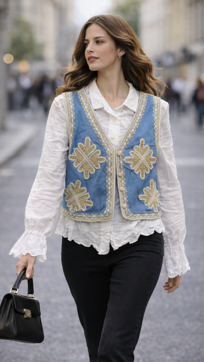 Embroidery Designed Sleeveless Jacket With Plain Shirt FC2289