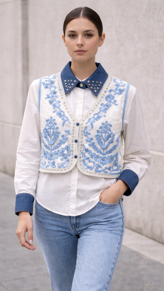 Embroidery Designed Vest With Plain Shirt FC2250