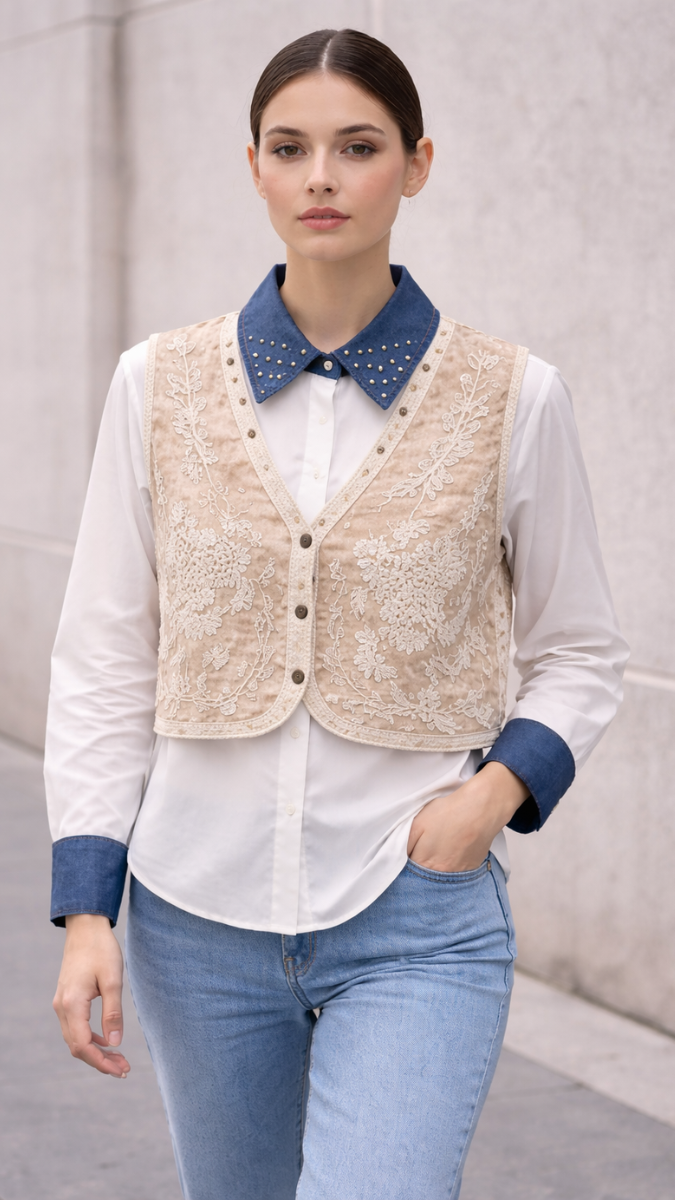 Embroidery Designed Vest With Plain Shirt FC2250