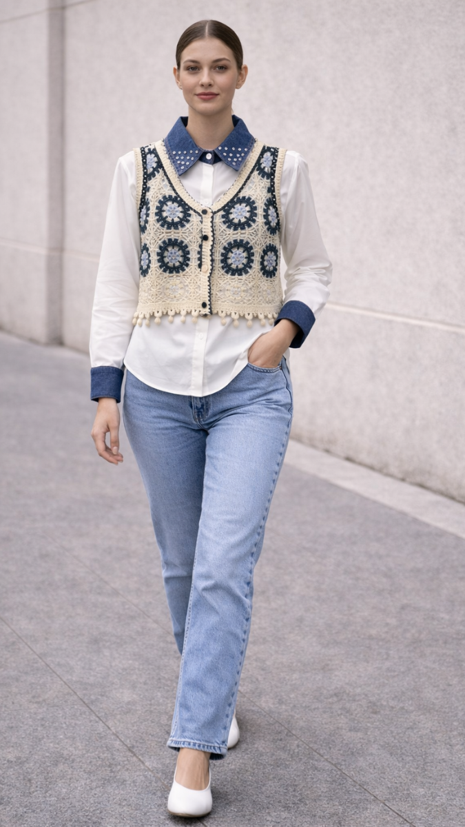 Embroidery Designed Vest With Plain Shirt FC2252