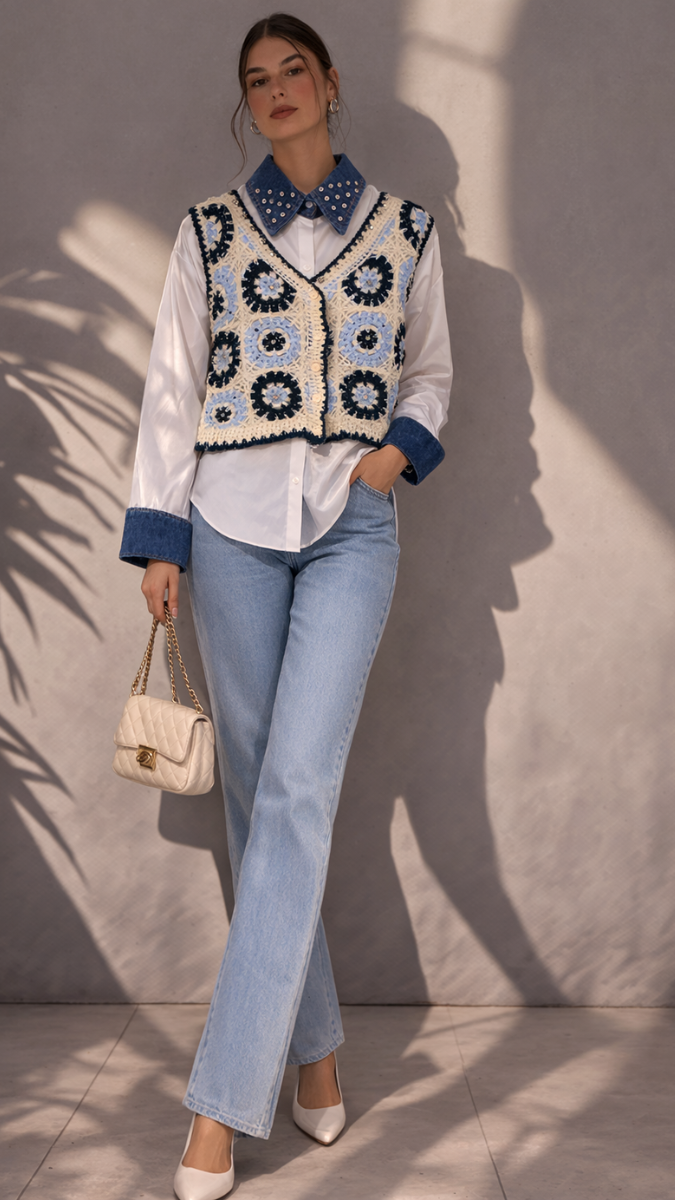 Embroidery Designed Vest With Plain Shirt FC2252