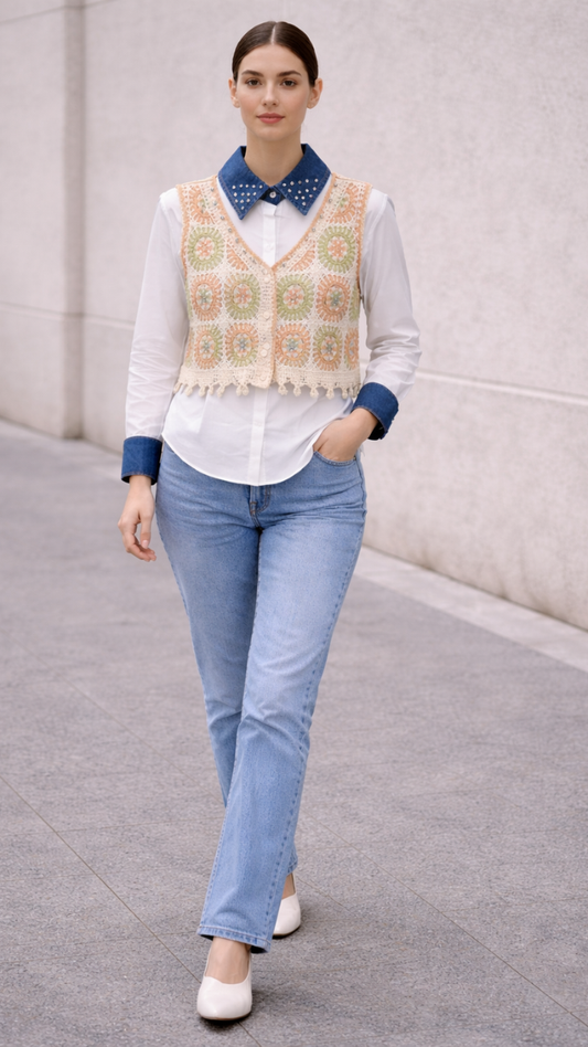 Embroidery Designed Vest With Plain Shirt FC2252