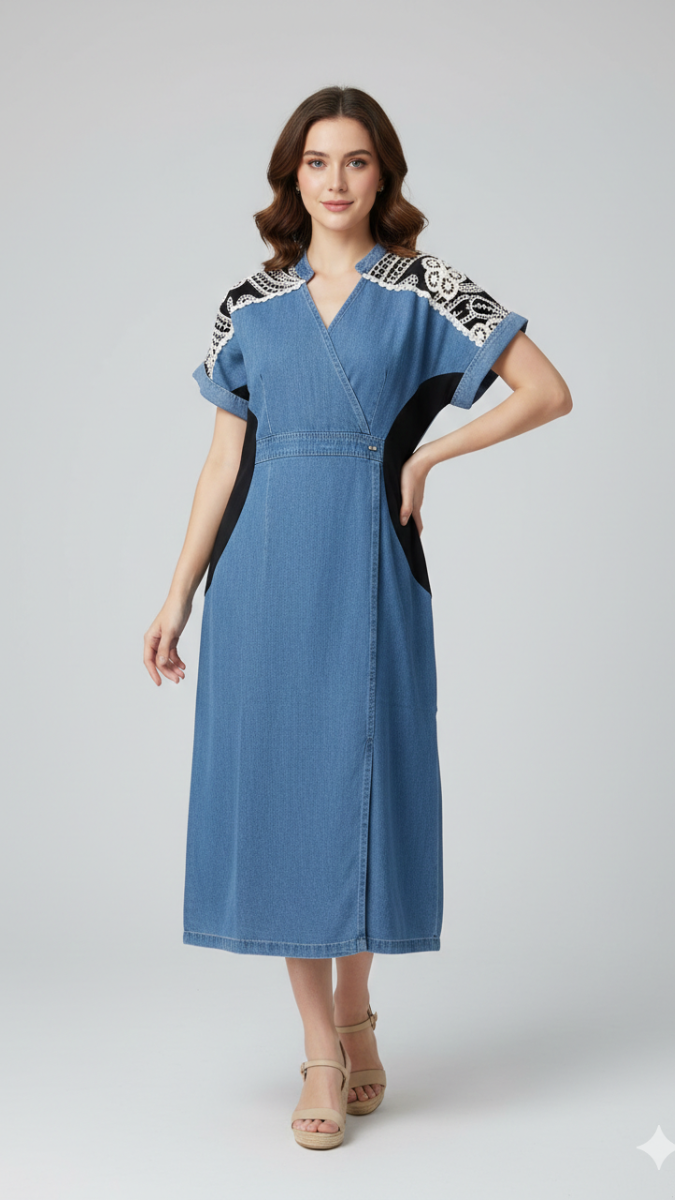 Embroidery Shoulder Wrap Around Denim Maxi Dress FC2201