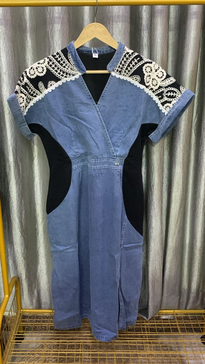 Embroidery Shoulder Wrap Around Denim Maxi Dress FC2201
