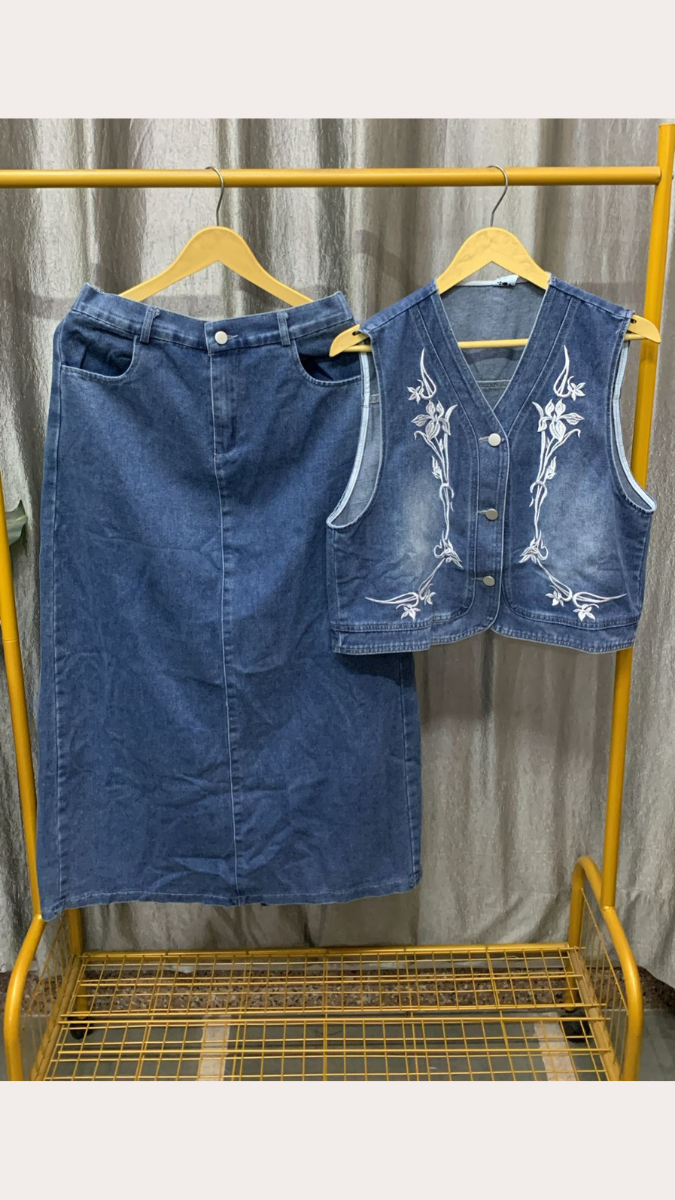 Embroidery Sleeveless Top With A-Line Skirt Denim Set FC2446