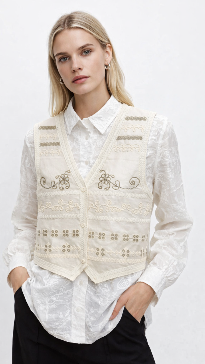 Embroidery V Neck Vest With Embroidery Shirt FC2297
