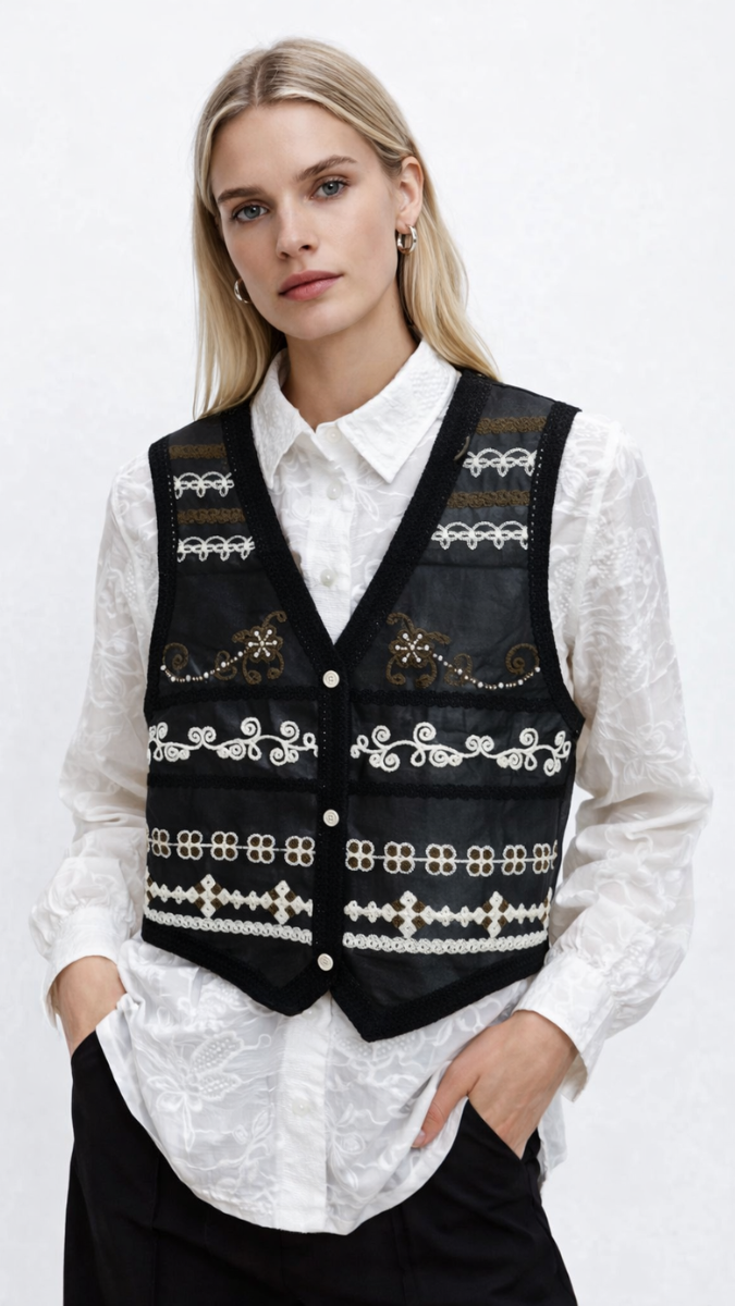 Embroidery V Neck Vest With Embroidery Shirt FC2297