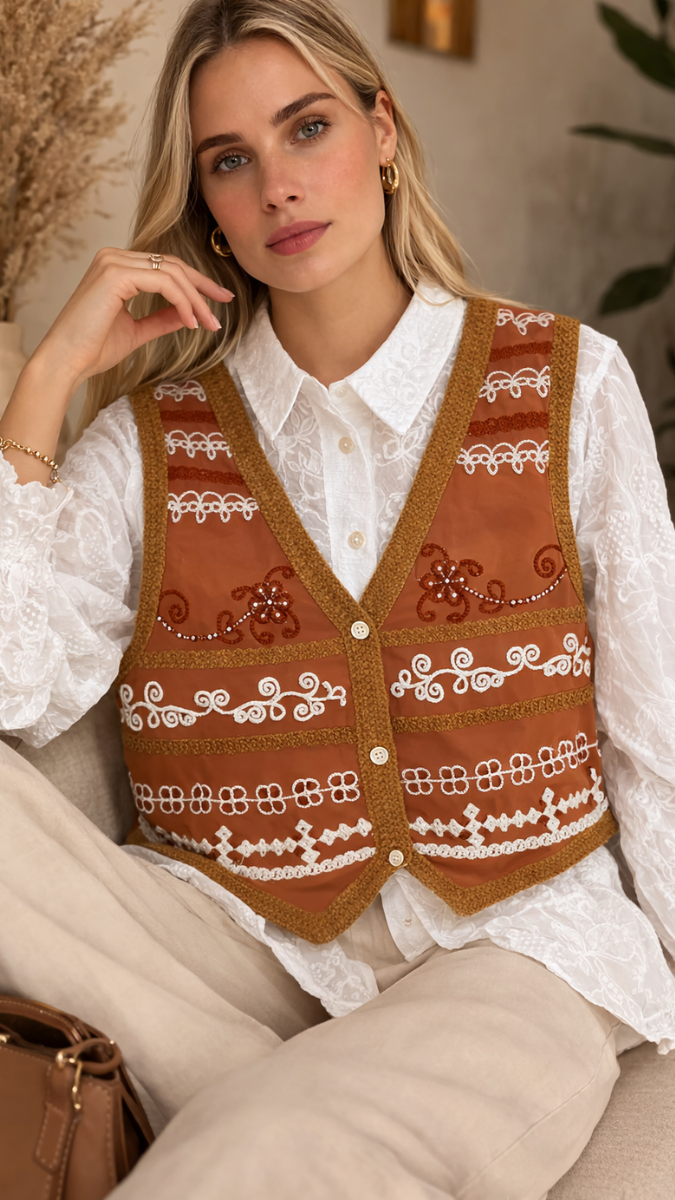 Embroidery V Neck Vest With Embroidery Shirt FC2297