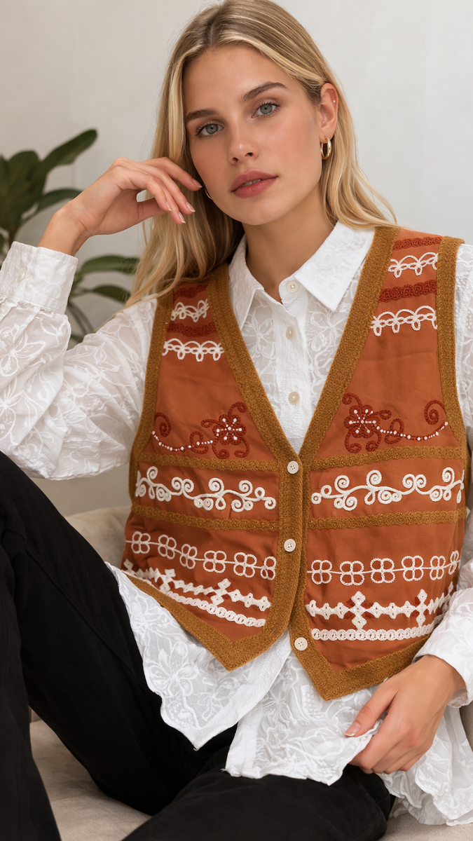 Embroidery V Neck Vest With Embroidery Shirt FC2297