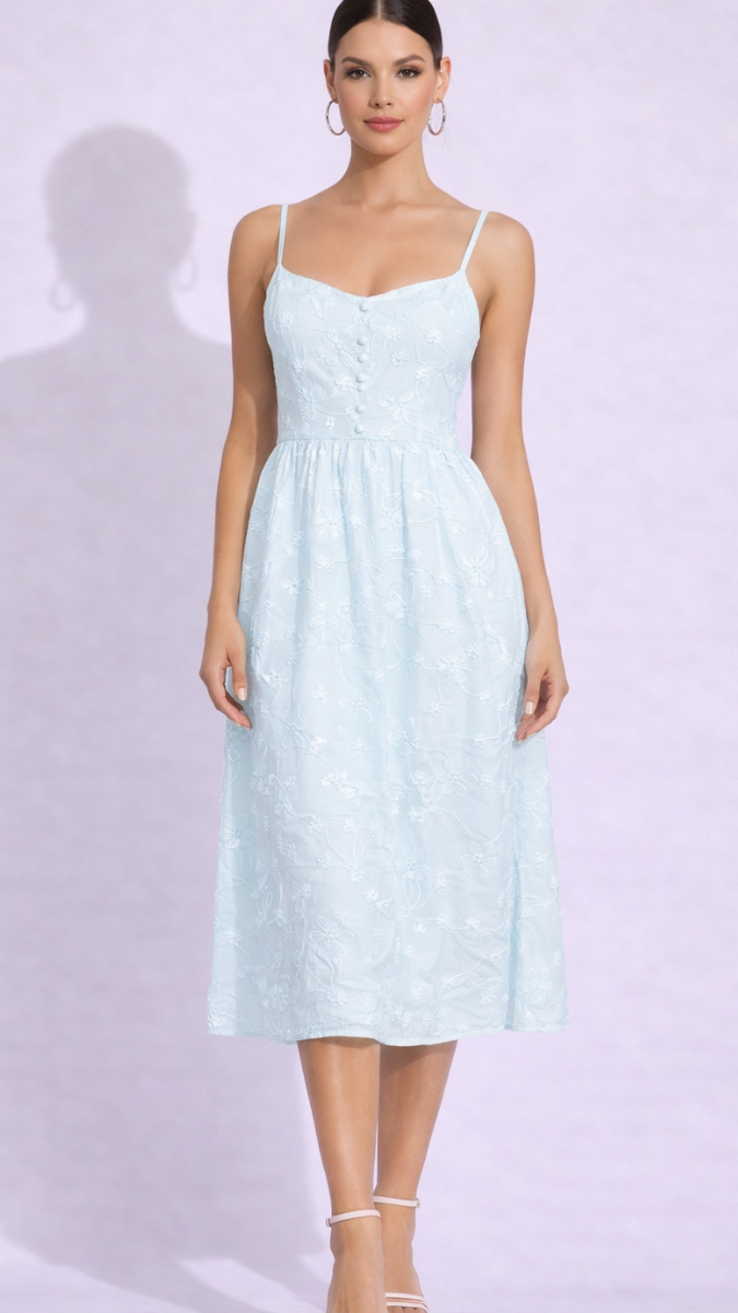 Embroidery Designed Strap Sleeve Midi Dress FC2359