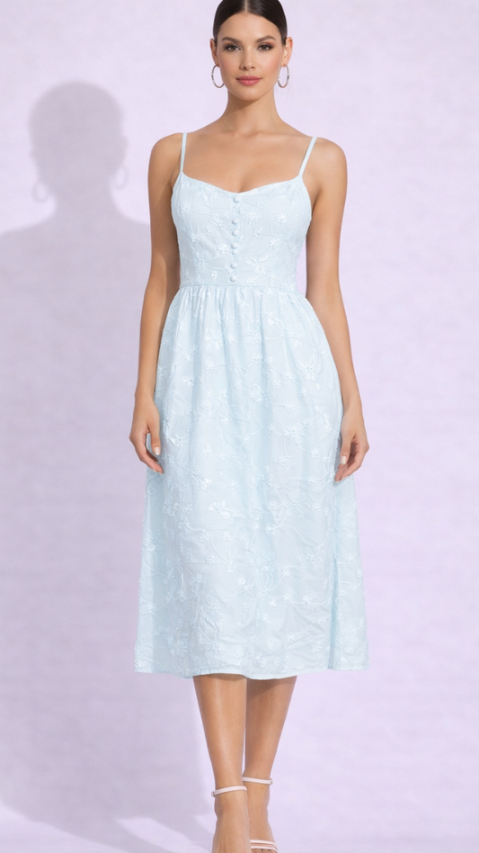 Embroidery Designed Strap Sleeve Midi Dress FC2359