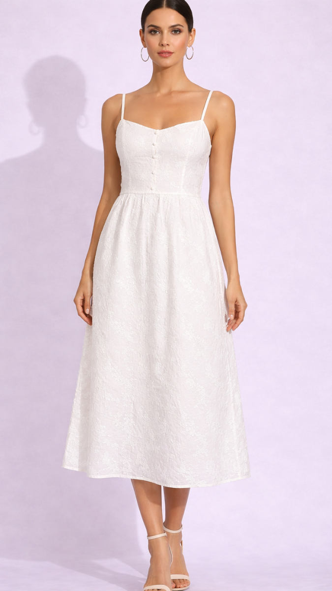 Embroidery Designed Strap Sleeve Midi Dress FC2359