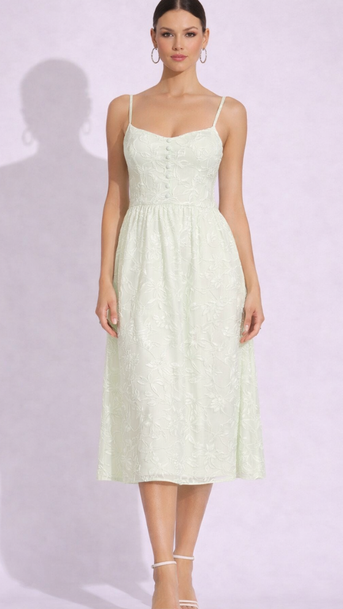 Embroidery Designed Strap Sleeve Midi Dress FC2359