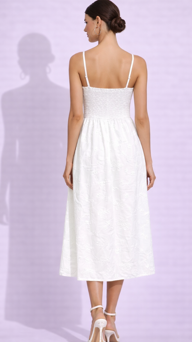Embroidery Designed Strap Sleeve Midi Dress FC2359