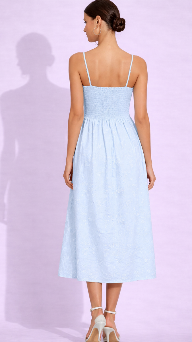 Embroidery Designed Strap Sleeve Midi Dress FC2359