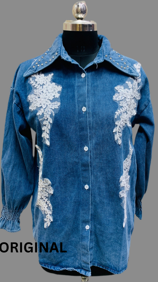 Embroidery Lace Embedded Denim Shirt FC1565